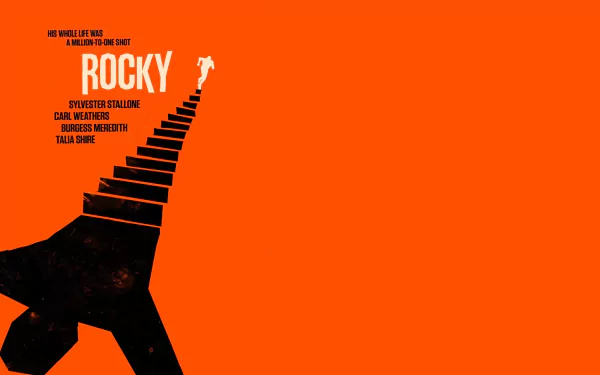 HD desktop wallpaper featuring the iconic Rocky movie poster with bold orange background, showing a figure running up stairs and movie credits prominently displayed.