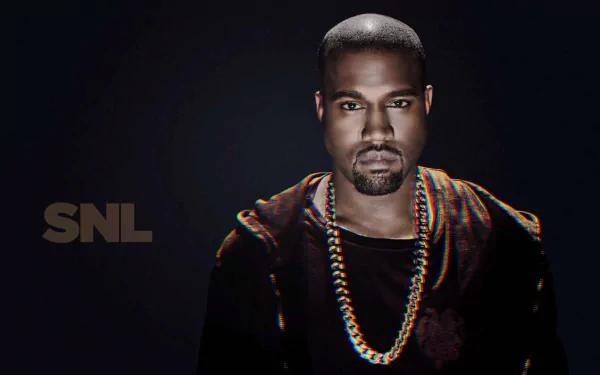 HD desktop wallpaper featuring Kanye West with a serious expression, adorned in a necklace, against a dark background with SNL text. An artistic representation of music culture.