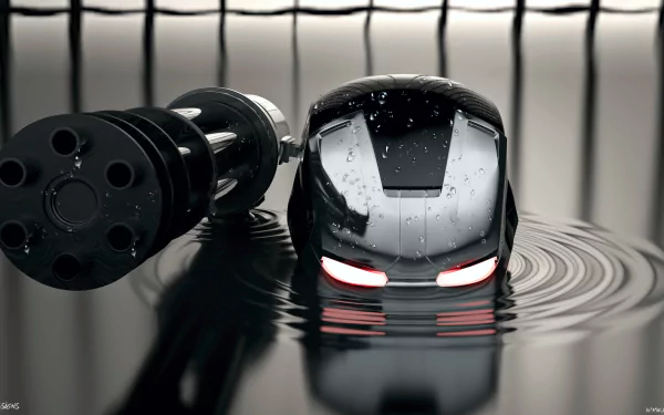 HD desktop wallpaper featuring War Machine's helmet with a mounted weapon beside it. The helmet, reflecting light and surrounded by water ripples, adds a striking visual from the Iron Man movie.