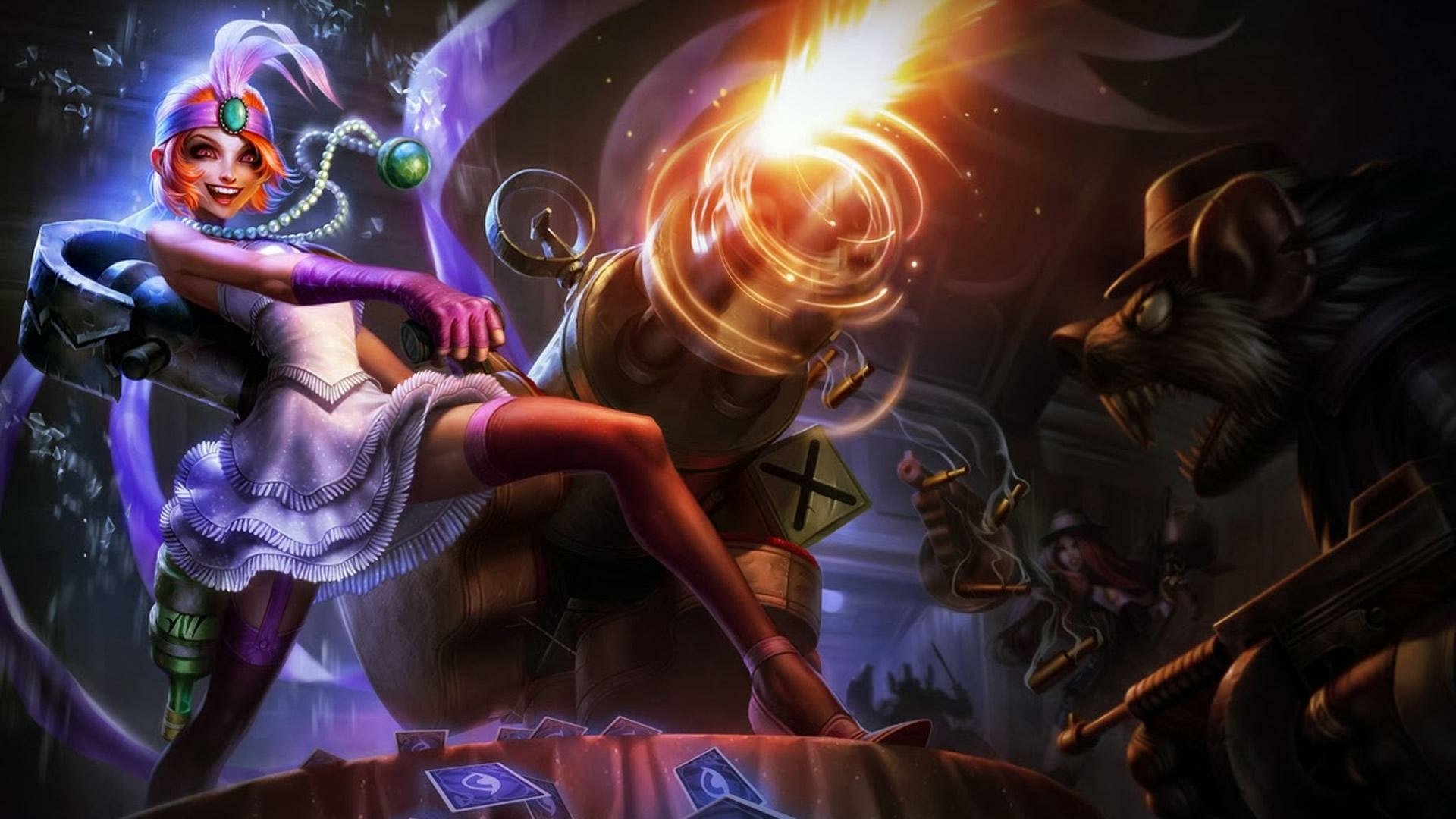 Vibrant HD wallpaper featuring Miss Fortune, Jinx, and Twitch from League of Legends, showcasing dynamic action and colorful elements in a captivating gaming scene.