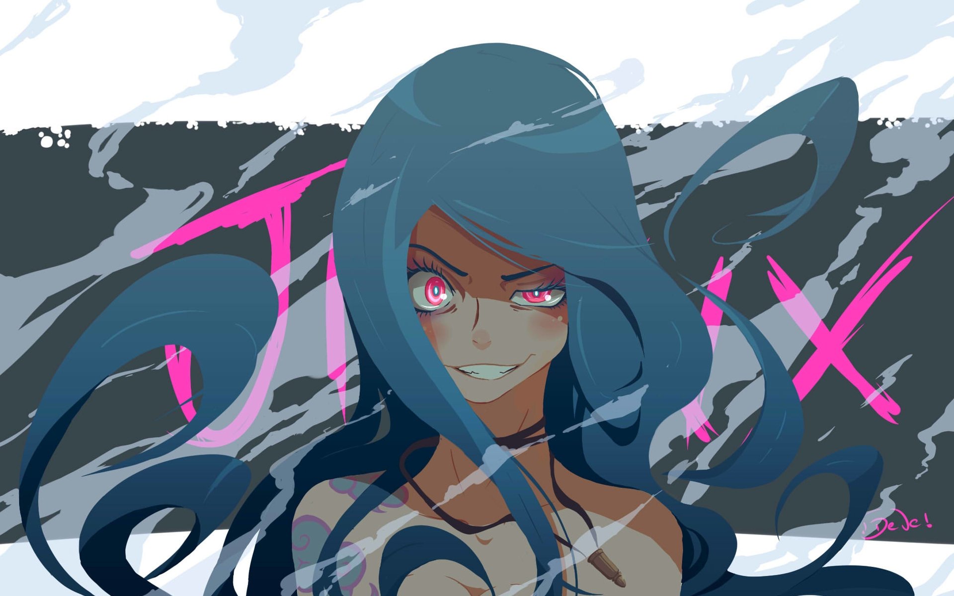 High-definition wallpaper featuring Jinx from League of Legends, showcasing her distinctive blue hair and mischievous smile against a vibrant background.