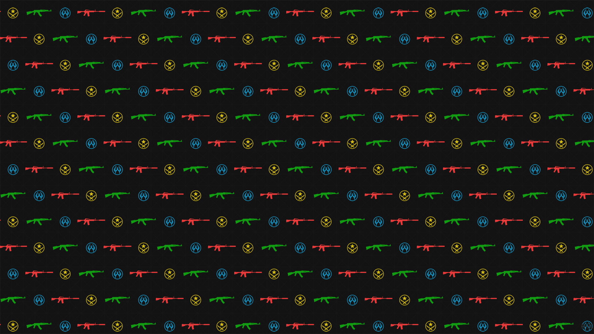 A vibrant HD desktop wallpaper featuring iconic elements from Counter-Strike: Global Offensive, including colorful patterns of weapons and symbols against a dark background.