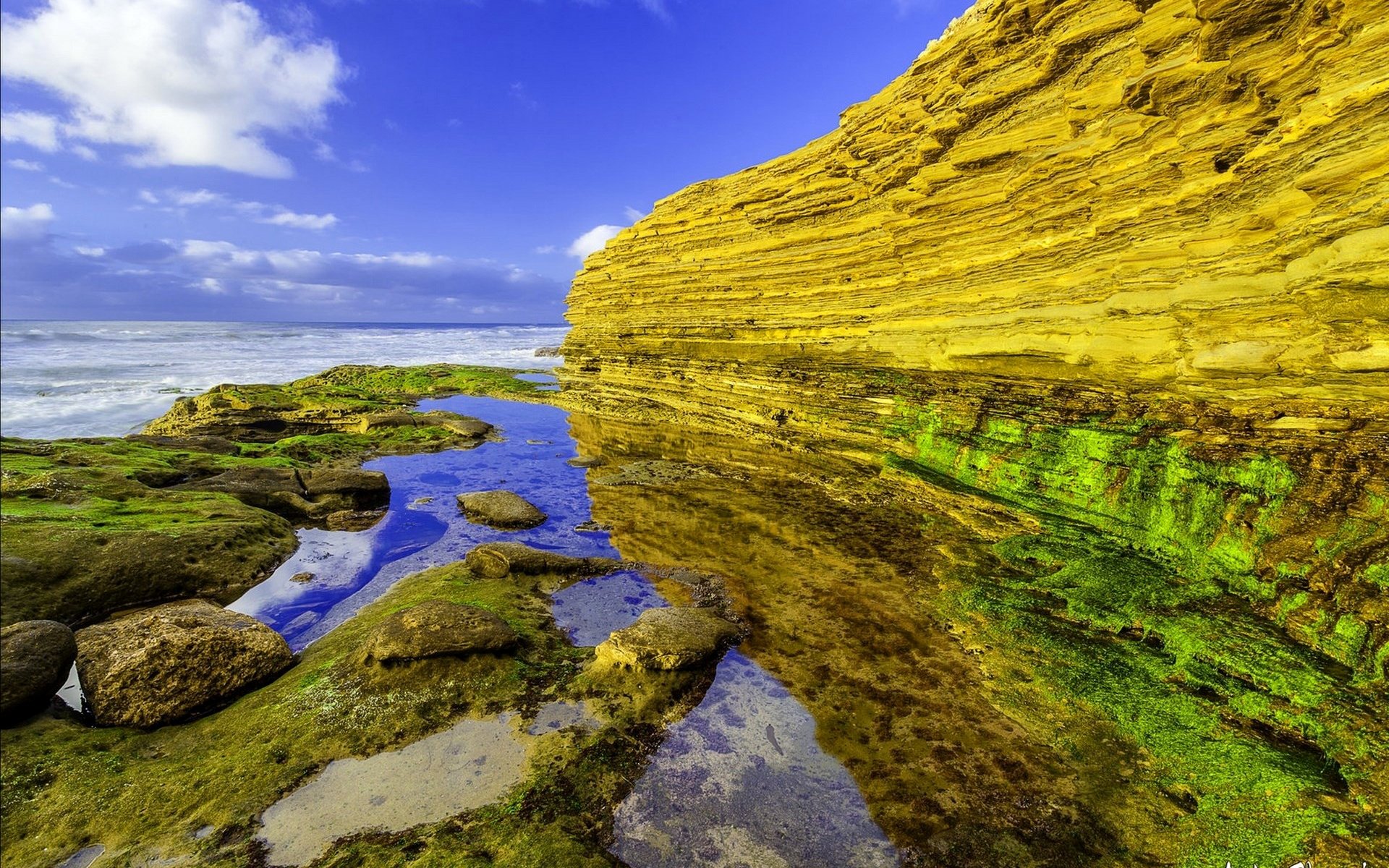 HD PC desktop wallpaper background: vibrant yellow sandstone cliff with green moss and tidal pools reflecting blue sky and clouds — nature, reflection.