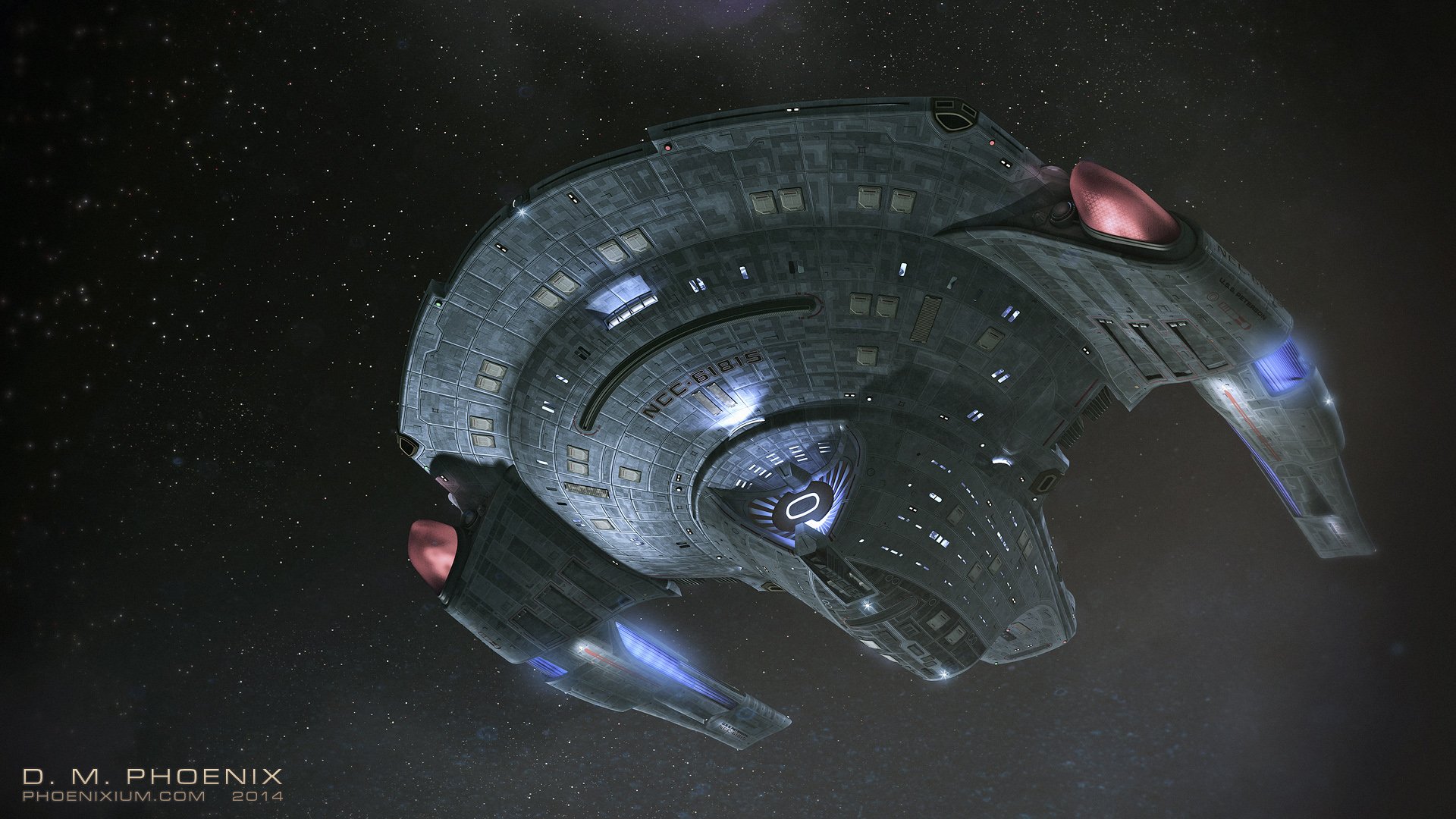 A stunning HD desktop wallpaper featuring a sleek starship cruising through the cosmos, inspired by sci-fi themes and the Star Trek universe.