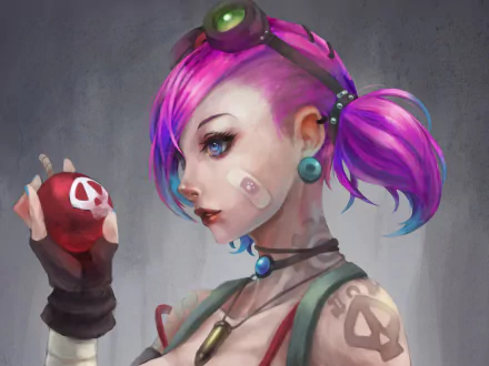 Jinx from League of Legends features pink hair and blue eyes, holding a red bomb. The image serves as a vibrant HD desktop wallpaper and background.
