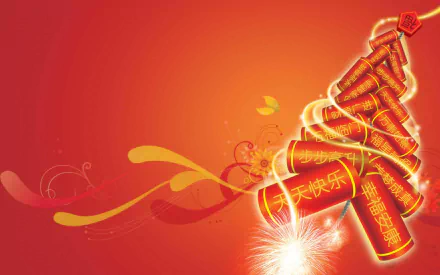 HD PC desktop wallpaper and background: vibrant Chinese New Year holiday scene with glowing red firecrackers stacked like a festive tree on a warm orange-red backdrop.