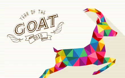 Colorful geometric goat illustration with Year of the Goat 2015 text, designed as a 4K Ultra HD PC desktop wallpaper for Chinese New Year holiday.