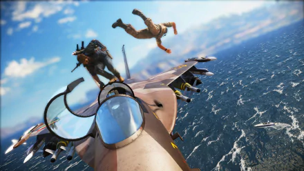 HD PC desktop wallpaper featuring Rico Rodriguez from the video game Just Cause 3, mid-action jumping off a fighter jet over the ocean.