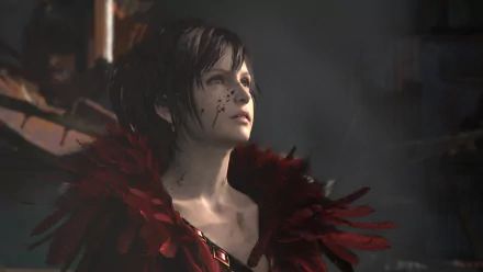 HD PC desktop wallpaper featuring Agni from Final Fantasy, depicted with a dark, dramatic atmosphere and a feathered red collar, inspired by Agni's Philosophy in the video game.