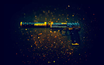 HD wallpaper of a USP-S handgun from the video game Counter-Strike: Global Offensive, depicted with a glowing blue design against a sparkling, dark background.