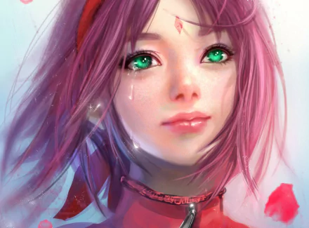 Sakura Haruno with pink hair and green eyes from Naruto, shedding tears. HD desktop wallpaper featuring anime style.