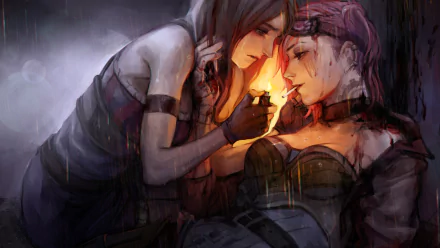 HD desktop wallpaper showing Caitlyn and VI from League of Legends in a yuri-themed, intimate moment. Caitlyn holds a lighter, igniting a gentle light while VI leans in, both of them drenched in rain.