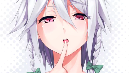 A captivating HD wallpaper of Sakuya Izayoi from the anime Touhou, featuring her with a playful expression and a finger to her lips, set against a subtle dotted background.