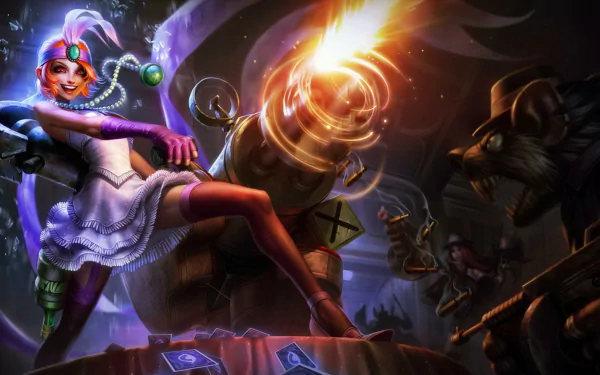 Vibrant HD wallpaper featuring Miss Fortune, Jinx, and Twitch from League of Legends, showcasing dynamic action and colorful elements in a captivating gaming scene.