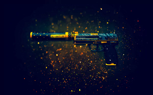 HD wallpaper of a USP-S handgun from the video game Counter-Strike: Global Offensive, depicted with a glowing blue design against a sparkling, dark background.