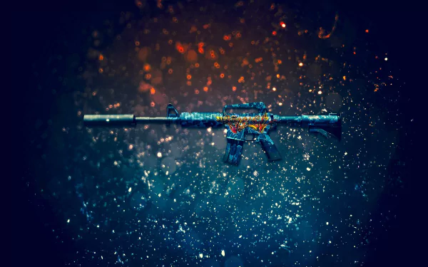 HD wallpaper featuring the M4A1-S rifle from Counter-Strike: Global Offensive, set against a sparkling blue and orange bokeh background.