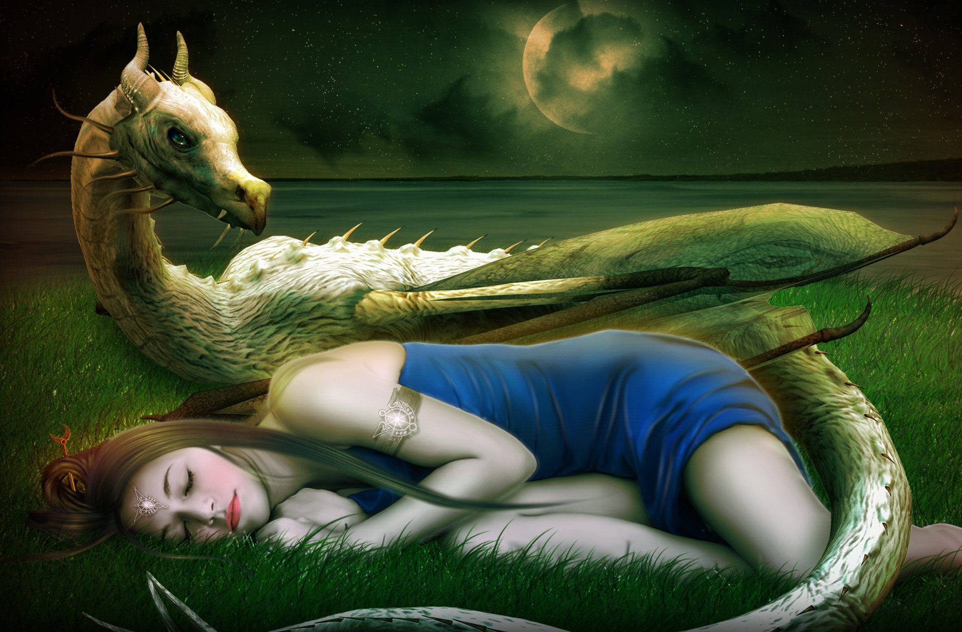 A serene fantasy scene featuring a dragon curled around a sleeping woman in a vibrant blue dress, set against a mystical night sky and lush green grass. A captivating HD wallpaper.