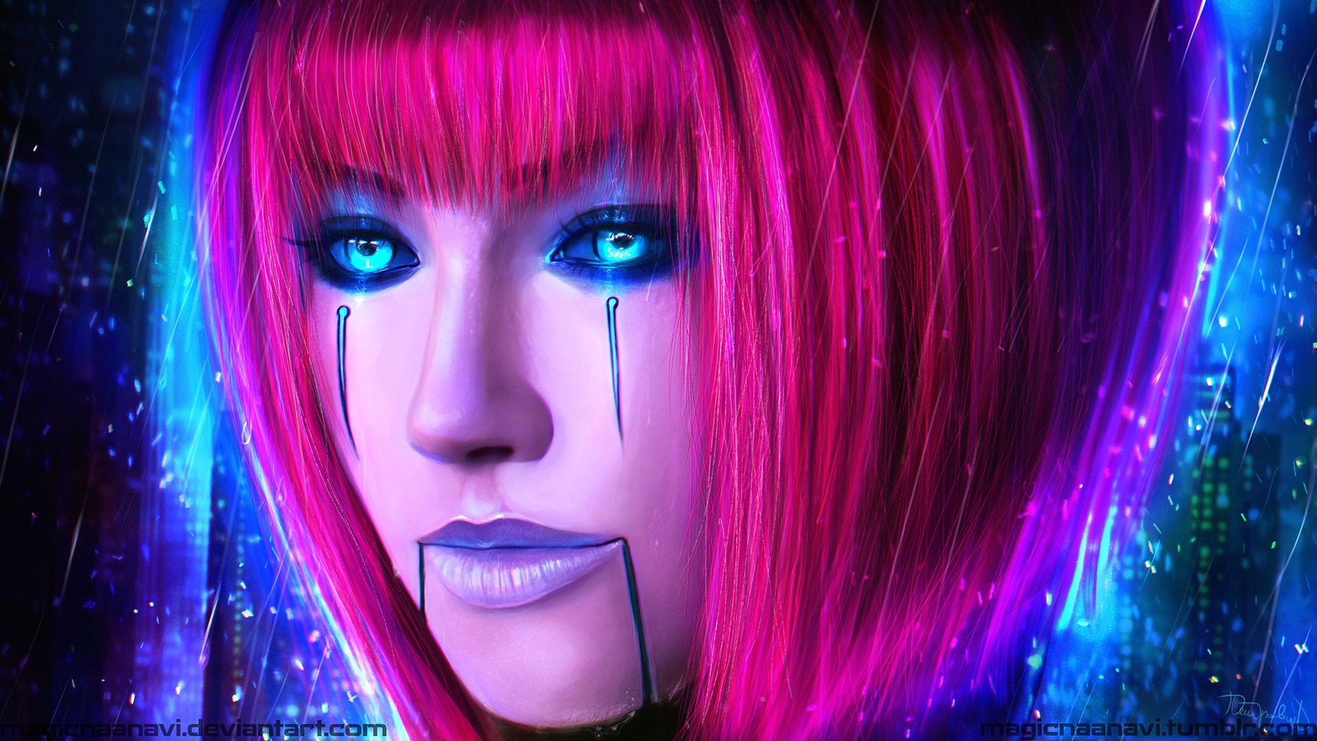 HD PC desktop wallpaper of Orianna from the video game League of Legends — close-up with neon pink bob, glowing blue eyes and cybernetic tear lines.