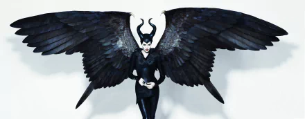 A stunning HD wallpaper featuring Angelina Jolie as Maleficent, showcasing her dramatic black wings and striking look in a captivating pose against a clean backdrop.