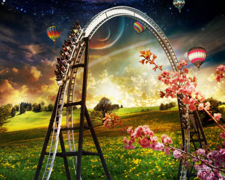 Artistic landscape HD PC desktop wallpaper and background: surreal roller-coaster arch over a flowering meadow with cherry blossoms, hot-air balloons, crescent moon and vibrant sunset sky.