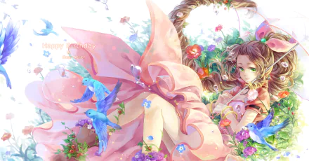 A vibrant HD wallpaper featuring Aerith Gainsborough from Final Fantasy VII, surrounded by colorful flowers and birds, capturing her enchanting and serene essence.