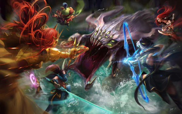 HD desktop wallpaper featuring a League of Legends battle scene with Baron Nashor, Yasuo, Katarina, Leona, Teemo, and Ashe.