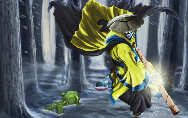 HD PC desktop wallpaper featuring Jax, Annie, and Amumu from League of Legends in a dynamic, dark forest setting from the video game.