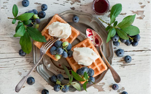 HD desktop wallpaper featuring golden waffles topped with whipped cream and fresh blueberries, served on a rustic plate with green leaves on a weathered white wooden background.