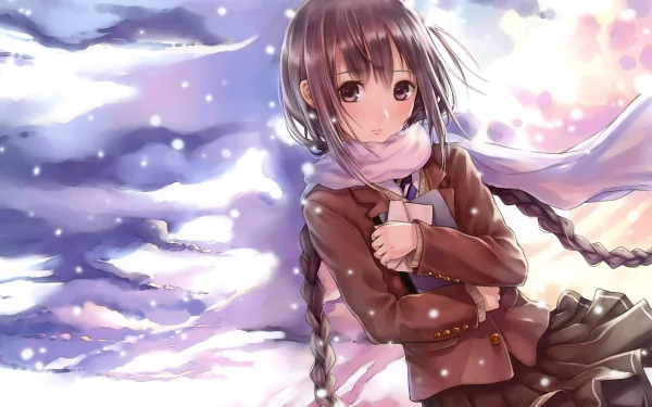 HD desktop wallpaper of an anime girl wearing a scarf and a brown jacket, set against a snowy winter backdrop with a glowing sky.