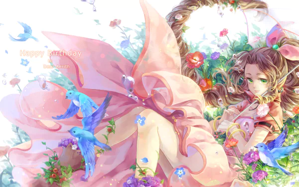 A vibrant HD wallpaper featuring Aerith Gainsborough from Final Fantasy VII, surrounded by colorful flowers and birds, capturing her enchanting and serene essence.