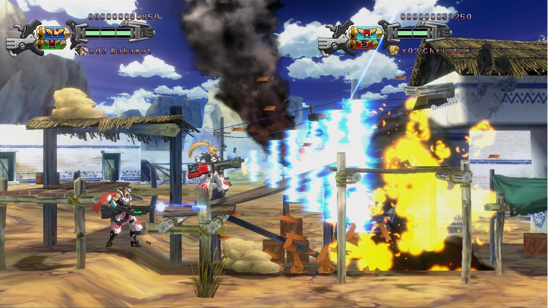 HD wallpaper of Hard Corps: Uprising, featuring intense gameplay action with characters battling amid explosions on a beachfront stage.