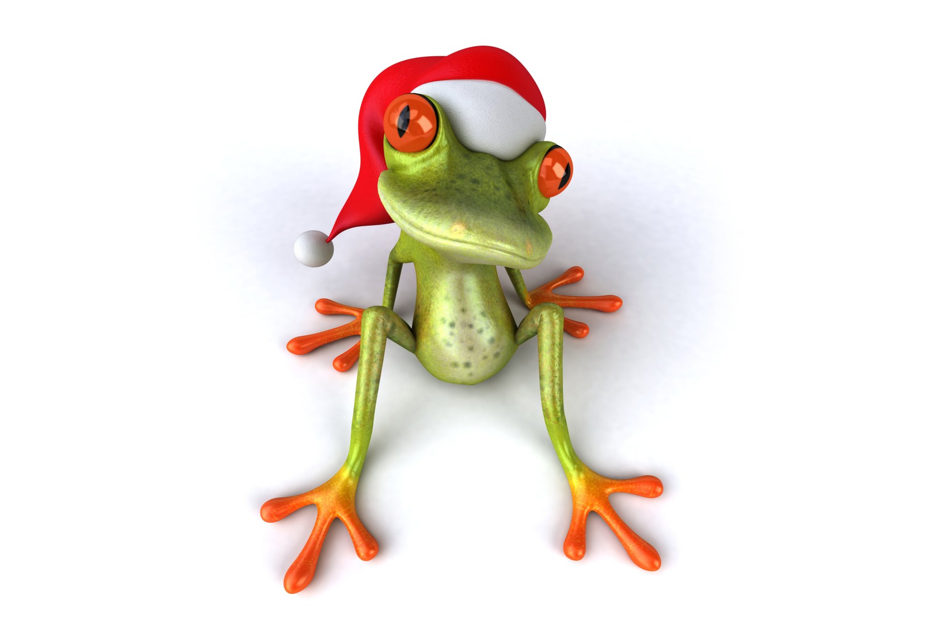 CGI frog wearing a Santa hat with bright orange eyes and toes, rendered in 4K Ultra HD for a PC desktop wallpaper.
