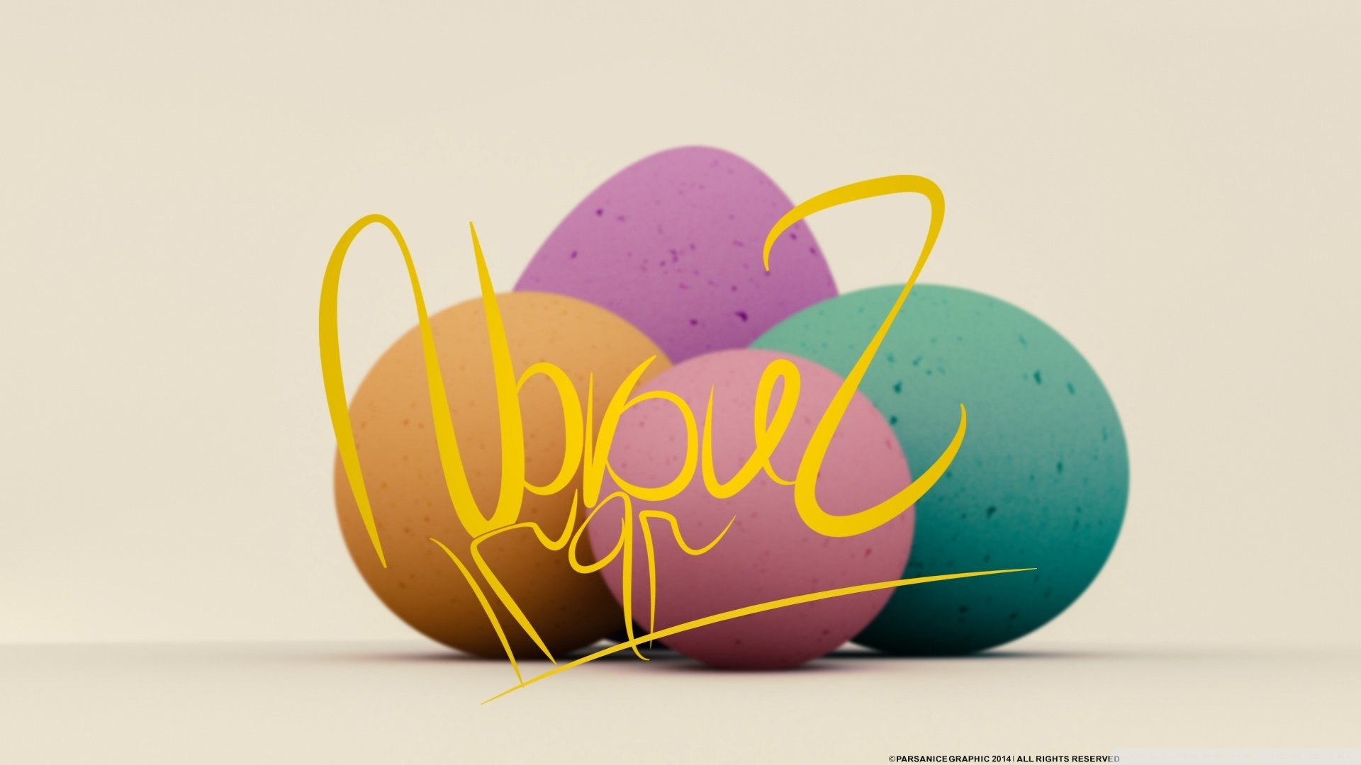 HD PC desktop wallpaper featuring colorful eggs and elegant calligraphy celebrating Nowruz holiday.