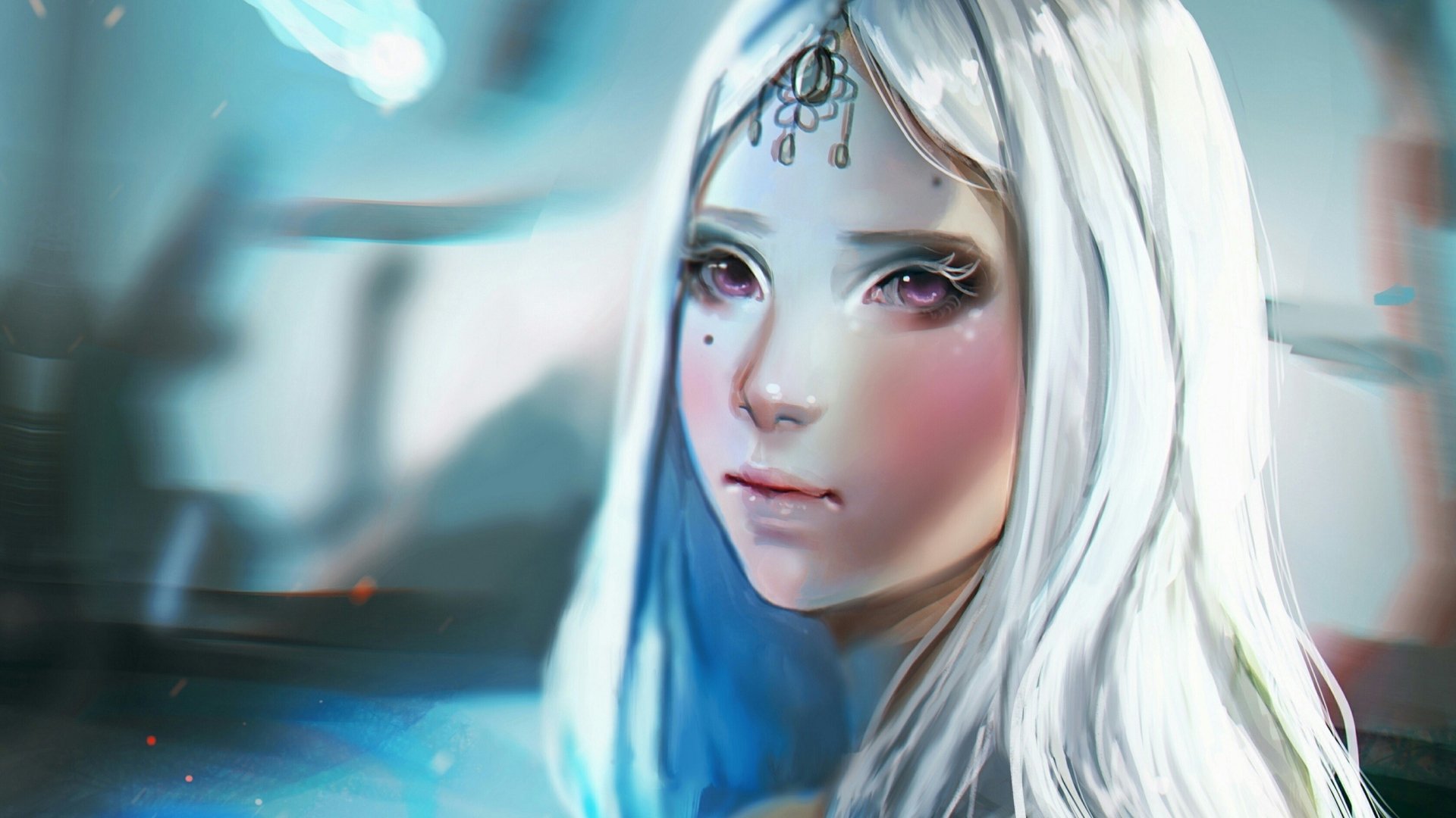 Fantasy portrait of a white-haired woman with jeweled forehead markings, luminous blue lighting and soft focus — 2K Quad HD PC desktop wallpaper background.