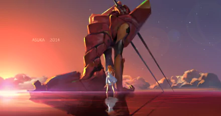 Asuka Langley Sohryu stands before Evangelion Unit-02 in this stunning HD wallpaper, inspired by *Neon Genesis Evangelion* and *The End of Evangelion*, showcasing a vibrant sunset backdrop.