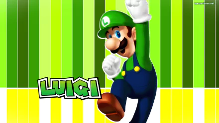 HD wallpaper featuring Luigi from Super Mario Bros., showcasing vibrant green and yellow stripes with Luigi celebrating in his iconic outfit.