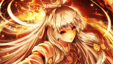 HD anime desktop wallpaper featuring Fujiwara no Mokou from Touhou, surrounded by dynamic fiery and glowing effects emphasizing her intense, powerful presence.