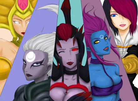 HD PC desktop wallpaper featuring Fiora, Evelynn, Elise, Diana, and Cassiopeia from the video game League of Legends in vibrant, detailed artwork.