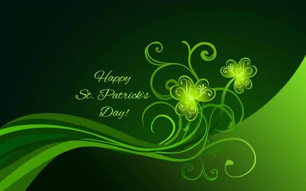 A vibrant green desktop wallpaper celebrating St. Patrick's Day, featuring ornate swirls and shamrock motifs with the message Happy St. Patrick's Day!