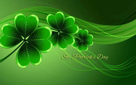 A vibrant HD wallpaper featuring three green shamrocks on a flowing green background, celebrating the spirit of St. Patrick's Day with festive charm.