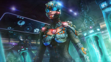 HD sci-fi desktop wallpaper featuring a futuristic woman in advanced cybernetic armor with glowing elements, set in a high-tech lab environment.