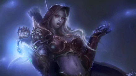 HD World of Warcraft desktop wallpaper featuring a female character wielding magical energy in a dark, mystical atmosphere.