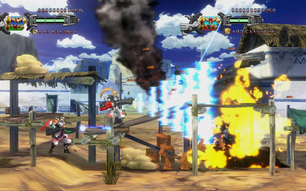 HD wallpaper of Hard Corps: Uprising, featuring intense gameplay action with characters battling amid explosions on a beachfront stage.