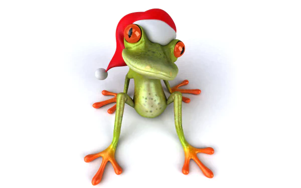 CGI frog wearing a Santa hat with bright orange eyes and toes, rendered in 4K Ultra HD for a PC desktop wallpaper.