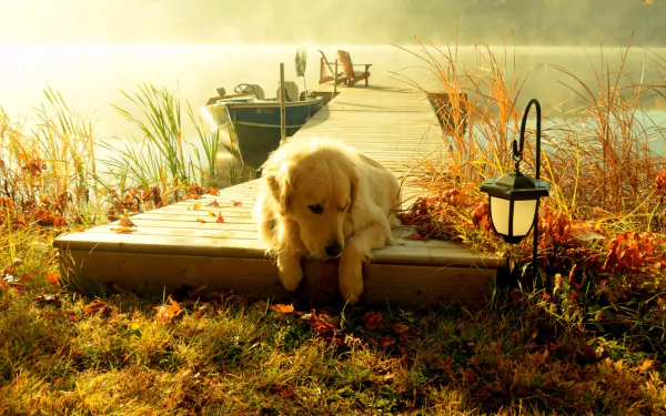 A serene_HD desktop wallpaper featuring a golden retriever resting by a tranquil lakeside dock, surrounded by autumn foliage and soft morning light.