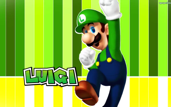 HD wallpaper featuring Luigi from Super Mario Bros., showcasing vibrant green and yellow stripes with Luigi celebrating in his iconic outfit.