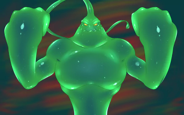 HD PC desktop wallpaper featuring Zac from the video game League of Legends, showcasing his muscular, gelatinous green form against a dark, swirling background.