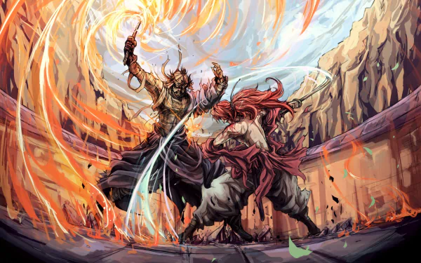 HD desktop wallpaper featuring Kenshin Himura from Rurouni Kenshin anime, engaged in an intense duel with another samurai amidst swirling fiery elements and dynamic action.