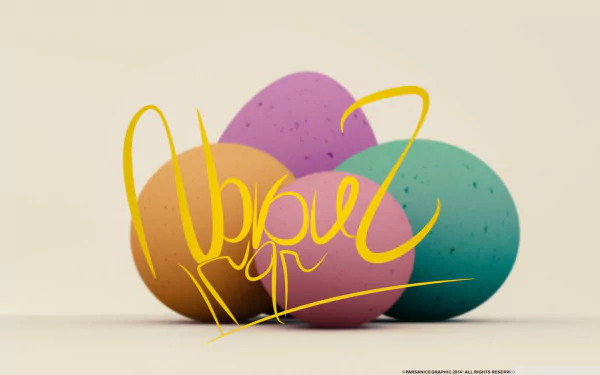 HD PC desktop wallpaper featuring colorful eggs and elegant calligraphy celebrating Nowruz holiday.