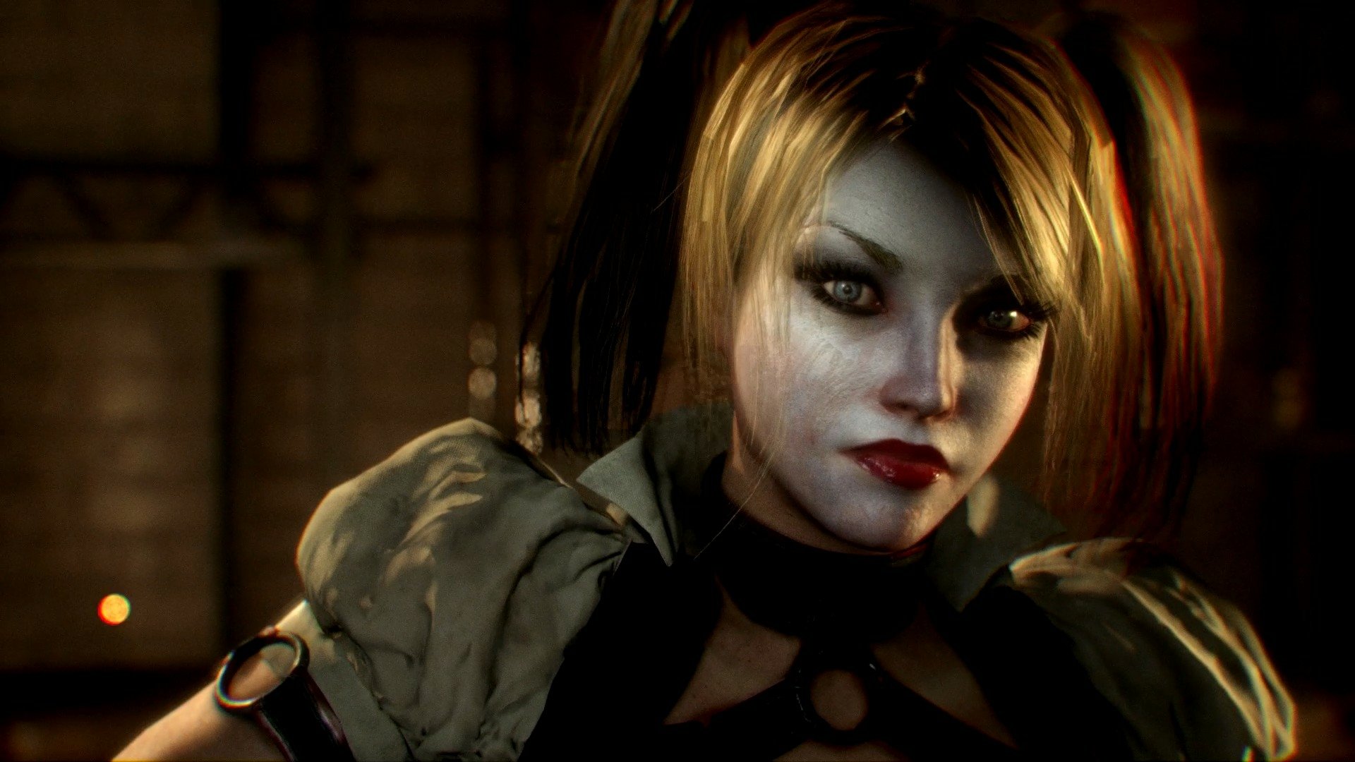 High-definition desktop wallpaper featuring Harley Quinn from a comic, showcasing her iconic look with playful pigtails and striking makeup against a dark, textured background.
